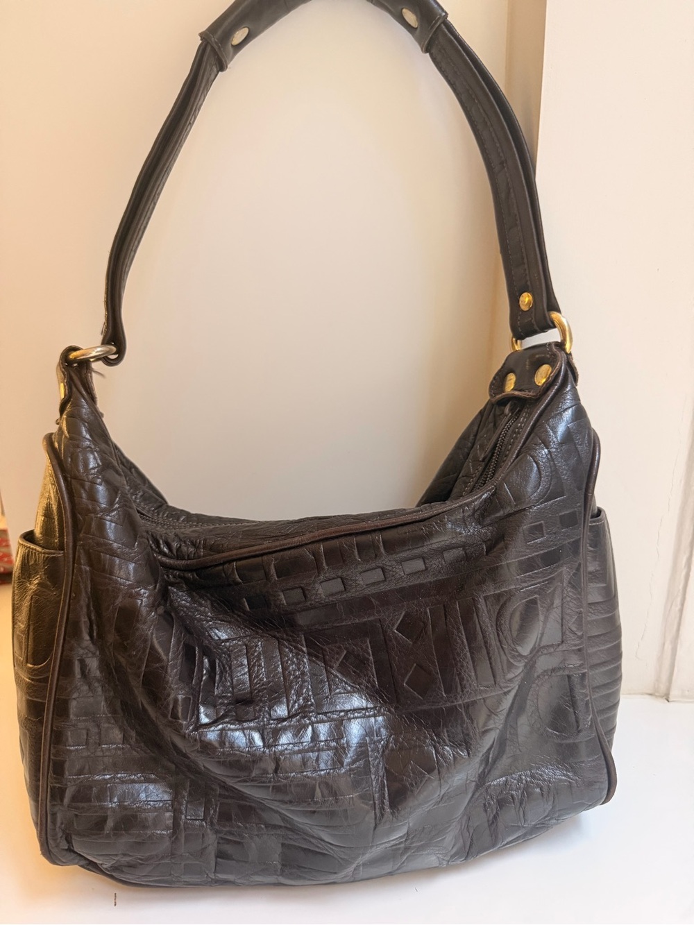 Vintage Due Fratelli Black Embossed Leather Shoulder Bag Hobo 90s Y2K